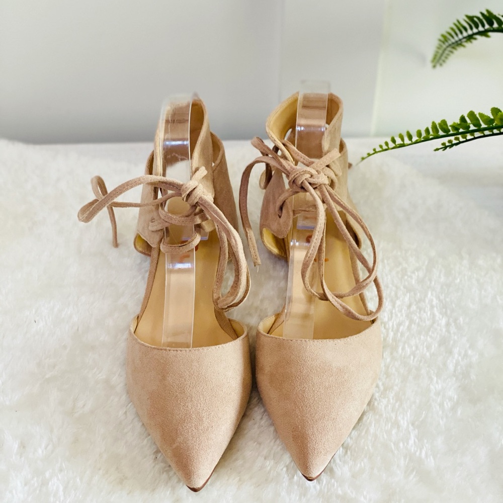 Suede Pointed Toe Lace-up Strappy Slingback Flats - Picture 4 of 7